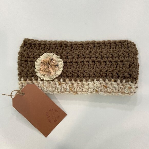 Handcrafted Crochet Brown & Cream Headband With Burlap Flower Accent - Picture 2 of 7